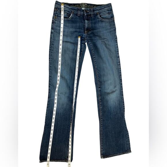 Edun Blue Flare Wide Leg Jeans with Fading and Whiskering 27 - Picture 7 of 8